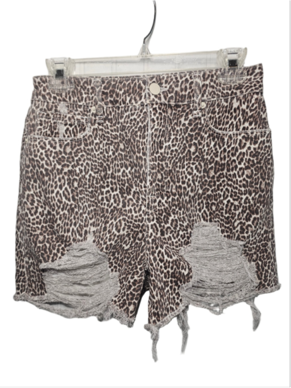 Good American Bombshell Leopard Denim Shorts High Rise Distressed Size 4 / 27"